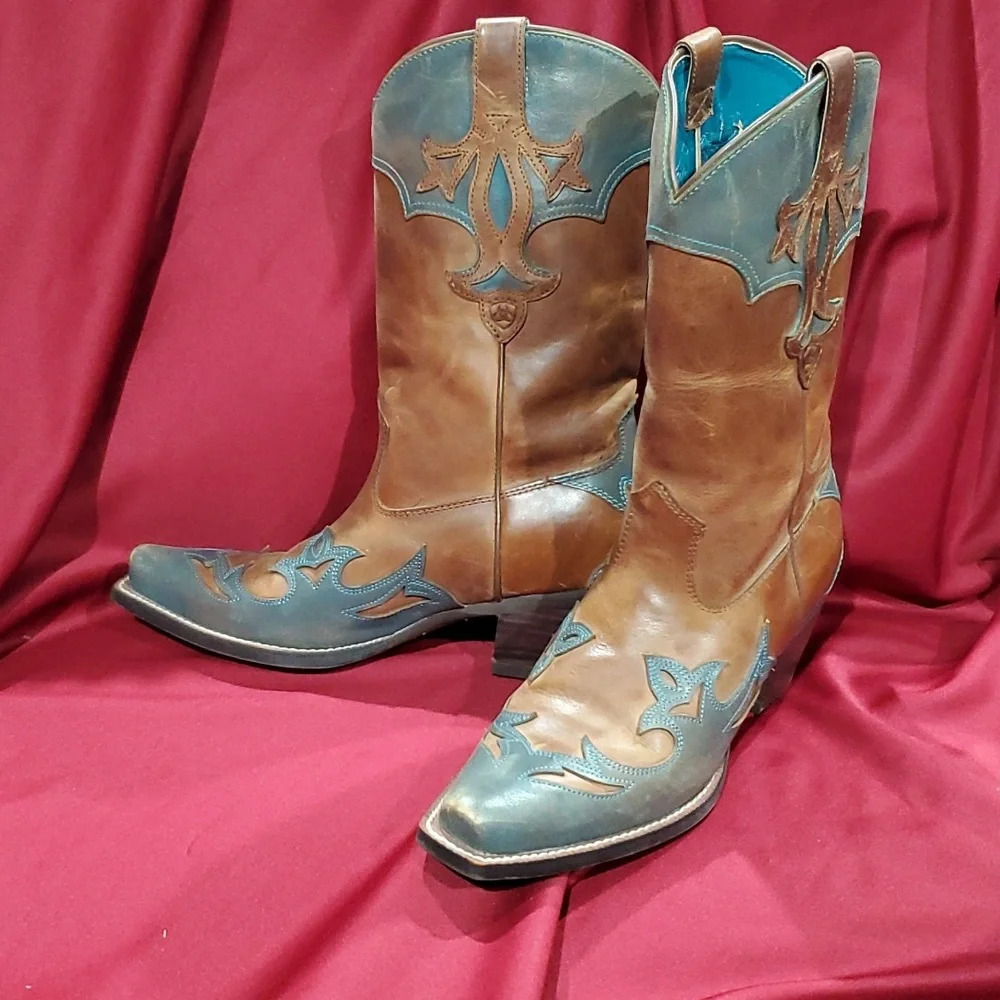 Ariat snip toe turquoise brown heeled cowboy western leather boots